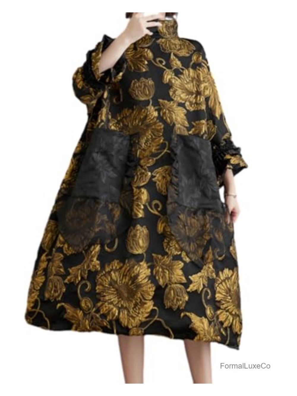 Women's Cotton Polyester Mock Neck Flared Cuff A-Line Dress with Pockets